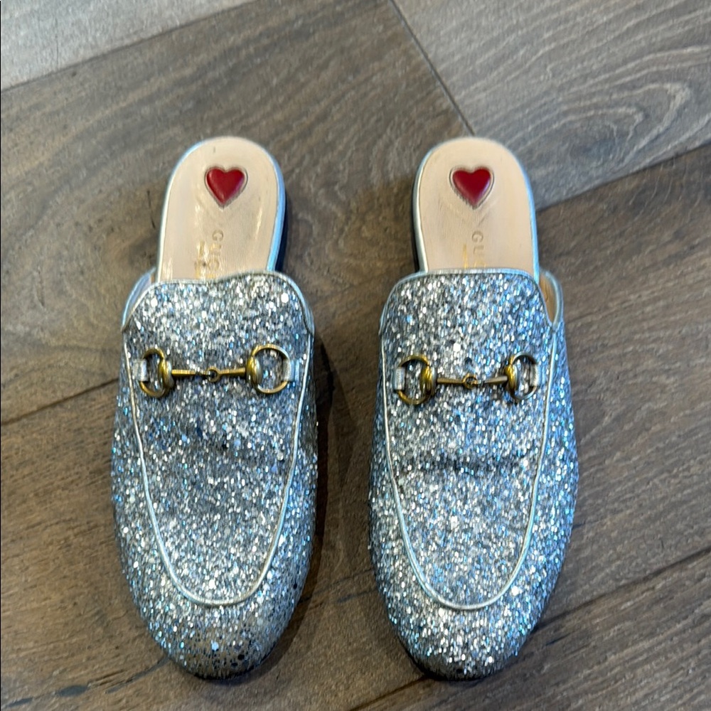 Gucci Silver Glitter Mules with Gold Accent